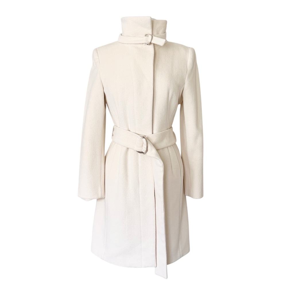 CALVIN KLEIN Wool Blend Trench Coat Buckle Waits and neck Cream Sz 2 - Picture 10 of 16